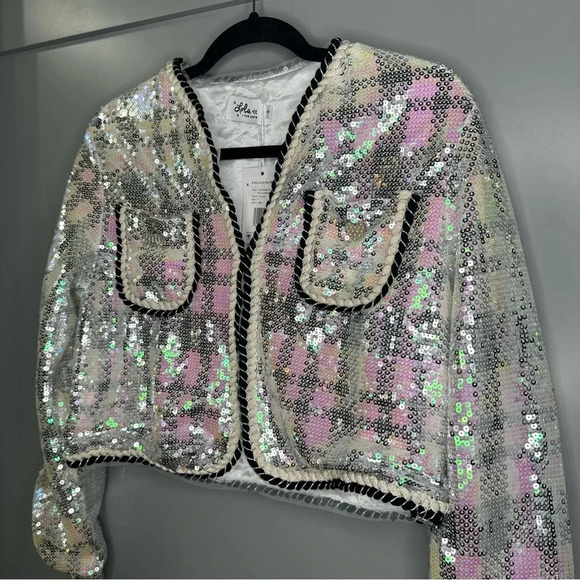 NWT Lola + The Boys Shimmer Sequin Houndstooth Bomber Jacket Silver Size Small - Picture 3 of 8
